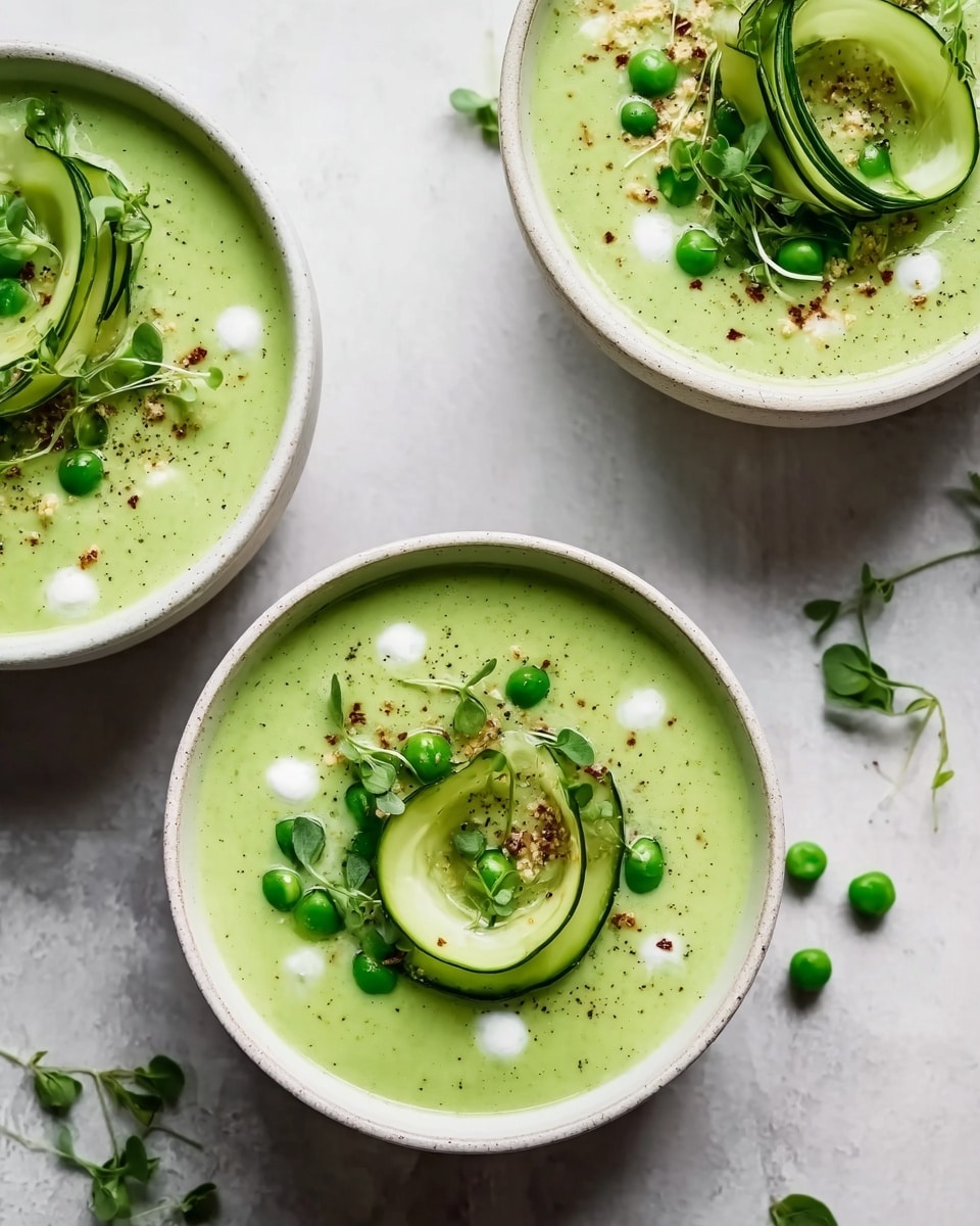 Three white bowls filled with bright green soup are placed on a white marbled surface. Each soup bowl has a smooth, creamy texture with thinly rolled green vegetable slices artfully arranged on top. The bowls are garnished with small green leaves, light-colored small seeds, and delicate white cream dots scattered across the soup surface. Nearby, there is a small white bowl filled with vibrant green peas and a partial view of another white bowl holding long, thinly sliced green vegetable ribbons. The overall look is fresh, vibrant, and detailed. Photo taken with an iphone --ar 4:5 --v 7