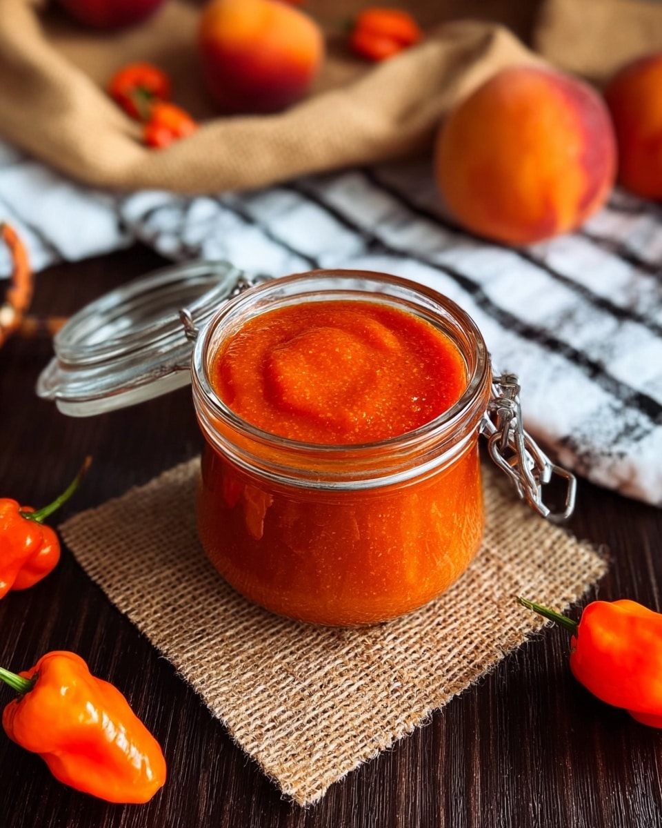 A clear glass jar with a metal clasp sits on a small square burlap cloth, filled to the top with a smooth, bright orange-red sauce that has a slightly thick texture. Around the jar are a few bright orange habanero peppers with glossy skins, and in the background, there are soft orange peaches resting on a light brown cloth with a striped black and white cloth peeking out. The scene is set on a dark wooden surface with a white marbled texture subtly showing. photo taken with an iphone --ar 4:5 --v 7