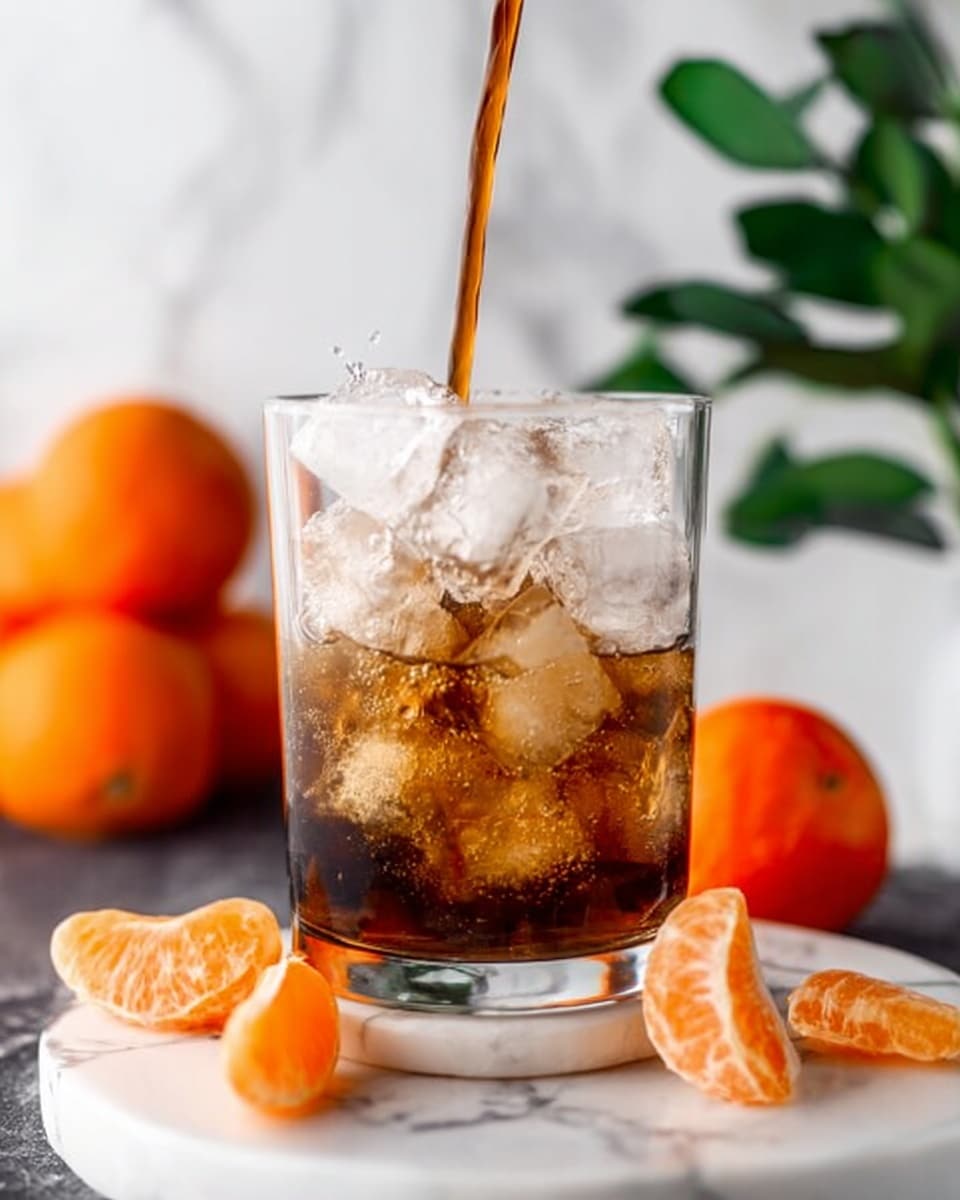 A clear glass filled with large ice cubes sits on a white marble surface, with a dark brown liquid being poured into it from above, creating a dynamic splash and bubbles around the ice. Around the glass, there are peeled orange segments and whole oranges with a bright orange color, adding a refreshing contrast. The glass rests on a small white coaster, and in the background, a green plant and more oranges blurred softly against a white marbled background. photo taken with an iphone --ar 4:5 --v 7