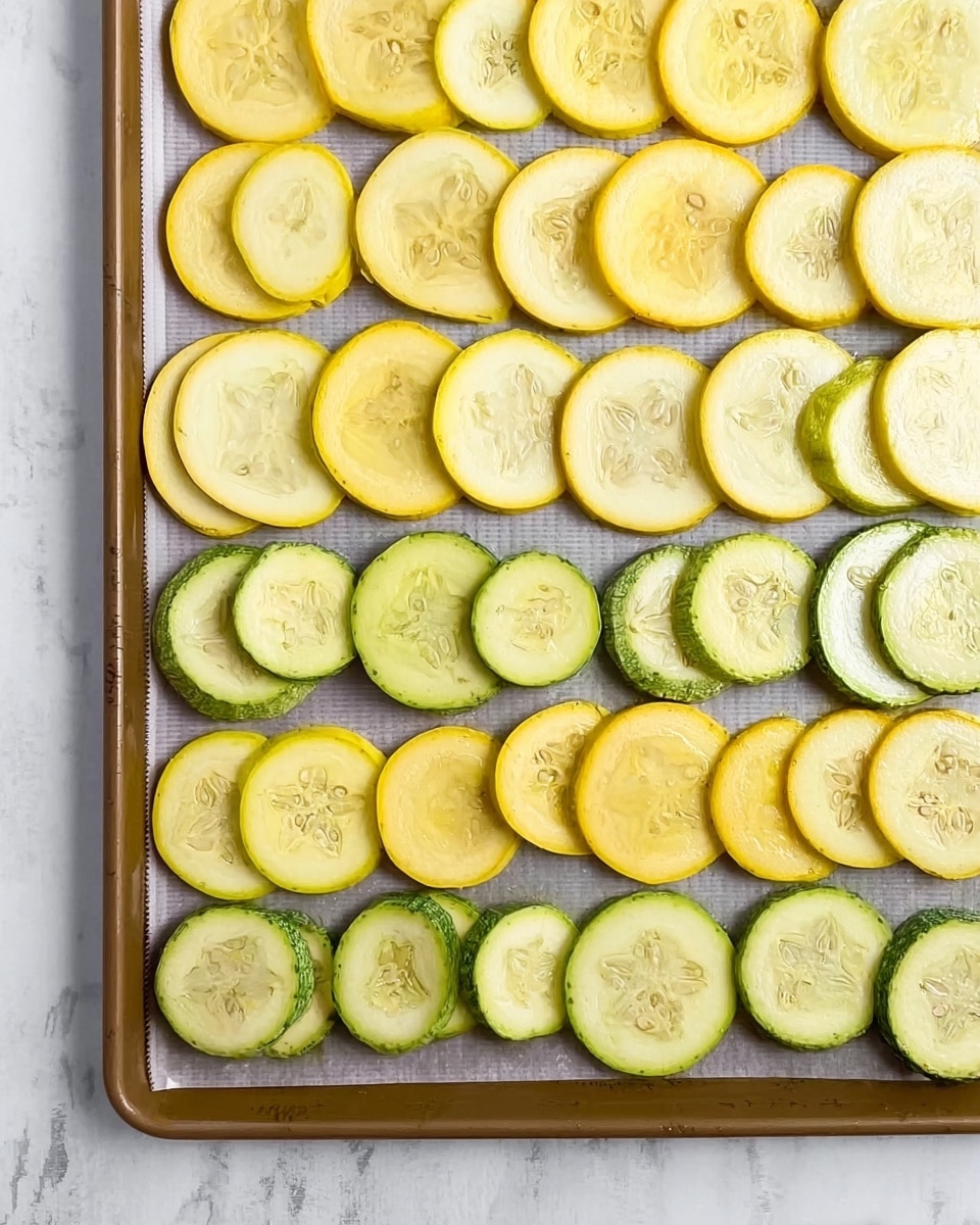 The image shows multiple thin, round slices of yellow and green squash arranged in neat rows on a baking tray. The yellow squash slices have pale yellow centers with light seeds visible, while the green squash slices are a soft green with slightly less visible seeds. The tray is set on a white marbled surface, and the overall look is clean and organized with the sliced vegetables evenly spaced across the tray. photo taken with an iphone --ar 4:5 --v 7