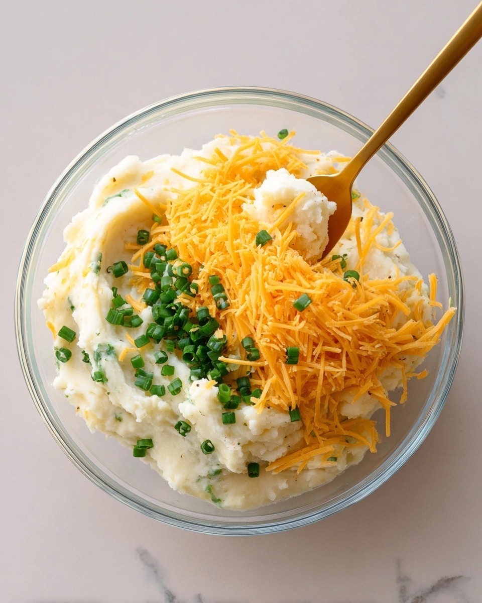 A clear glass bowl holds three main layers: a base of creamy white mashed potatoes with a smooth texture, topped with a generous heap of bright orange shredded cheddar cheese concentrated in the center, and scattered chopped green onions providing small pops of fresh green color around and on the cheese. A gold spoon is inserted into the mashed potatoes on the right side, pushing some of the potatoes up around it. The bowl is set on a white marbled surface, photo taken with an iphone --ar 4:5 --v 7
