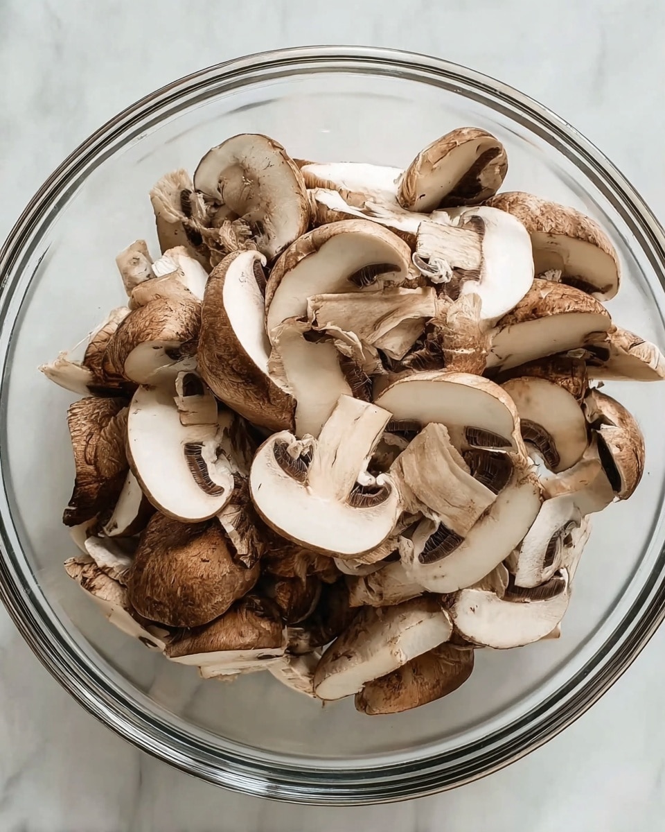 A clear glass bowl filled with many sliced brown mushrooms. The slices show the light cream inside of the mushrooms with the darker brown gills visible on some pieces. The mushrooms have a smooth texture and are laid in a loose, layered pile within the bowl. The bowl sits on a white marbled surface. Photo taken with an iphone --ar 4:5 --v 7