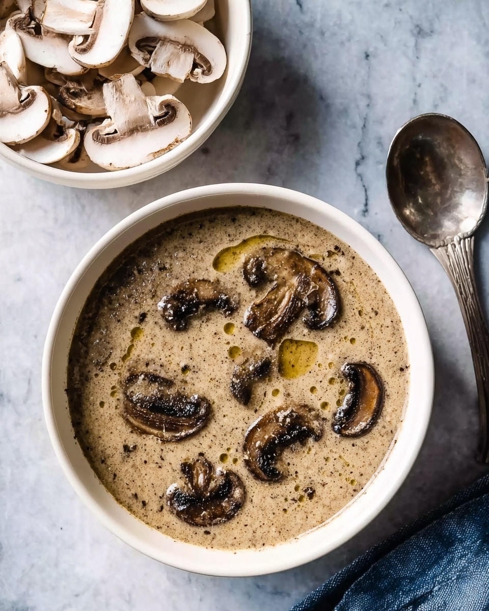 A white bowl filled with creamy mushroom soup showing many dark brown mushroom slices floating on the top layer, the soup has a smooth beige color with a slight shine from oil droplets on one side. Above the bowl, there is a smaller white bowl filled with raw light brown and white sliced mushrooms. To the right of the larger bowl, a silver spoon lies on a white marbled surface. The scene has soft natural light and simple composition. photo taken with an iphone --ar 4:5 --v 7