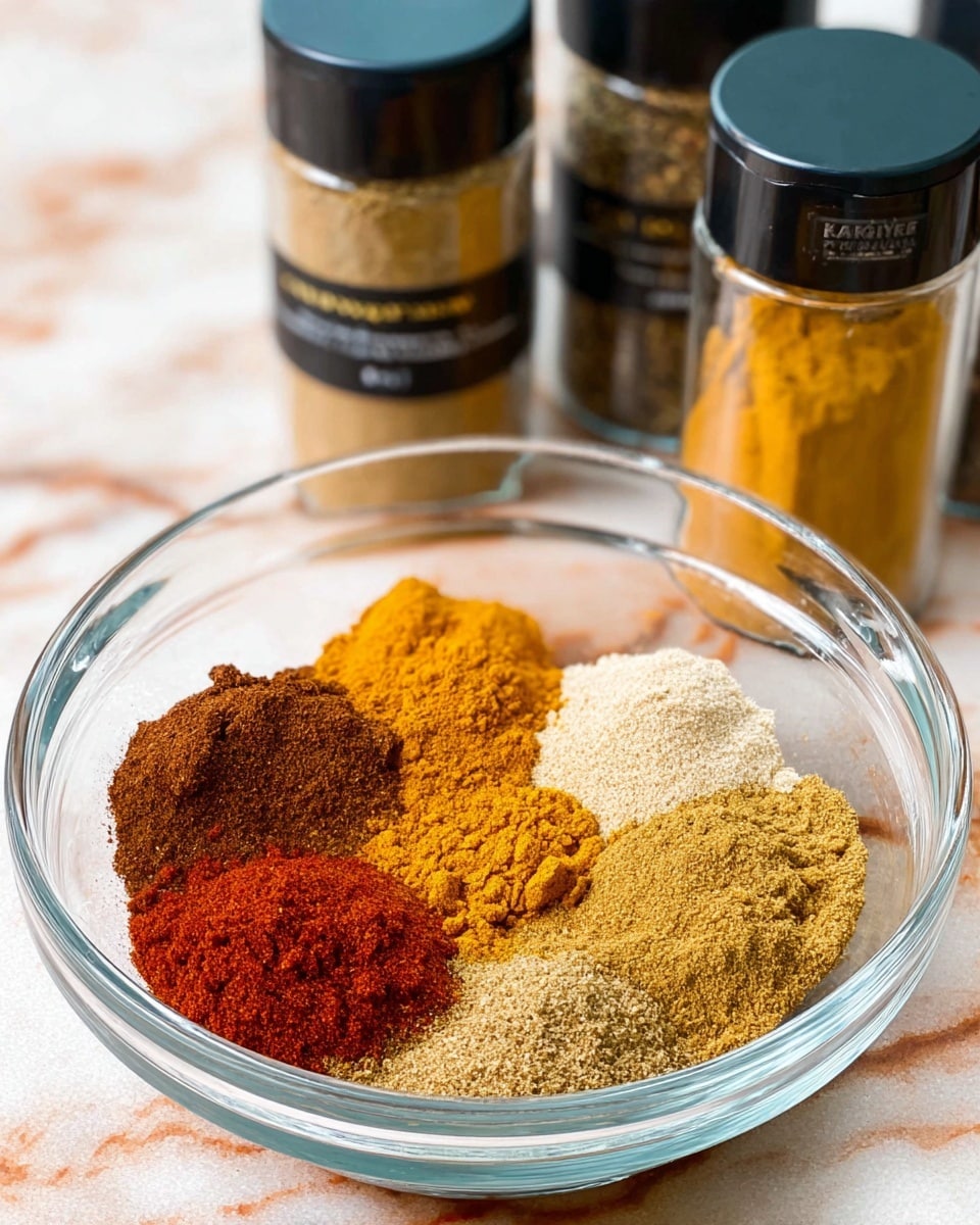 A clear glass bowl sits on a white marbled surface, filled with six separate piles of colorful spices arranged in a circle. There is a bright orange-yellow turmeric powder, a deep brown cumin powder, a light beige garlic powder, a rusty red paprika, a light brown coriander powder, and a golden-yellow curry powder. Behind the bowl, several spice jars with black lids are visible, one labeled