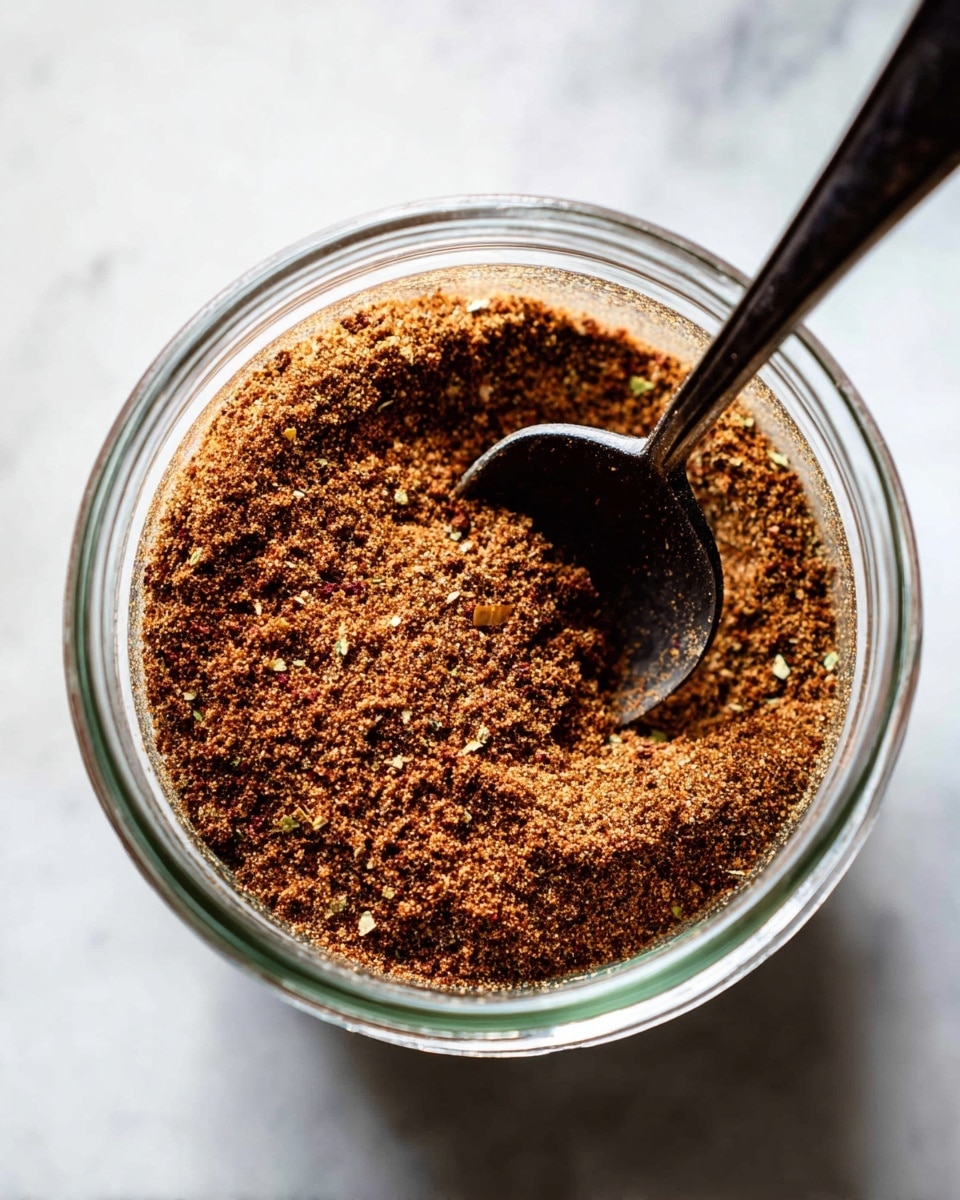 A clear glass jar filled with a single layer of finely ground brown spice mix with a slightly rough texture, showing small bits of green and red specks scattered throughout. A dark metal spoon is partially buried in the spice mix on the right side of the jar, with the spoon’s handle extending out of the jar and resting at an angle. The jar is placed on a white marbled surface, with soft natural light illuminating the scene from above, creating light shadows around the jar. photo taken with an iphone --ar 4:5 --v 7