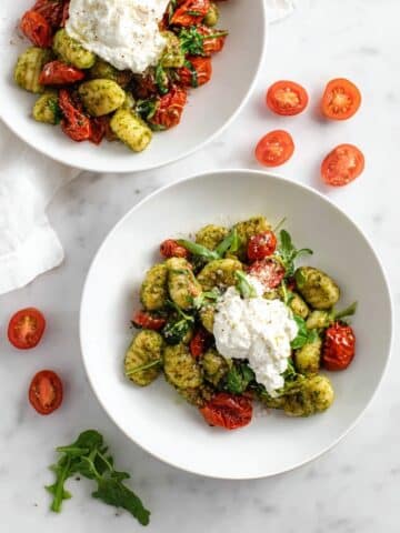 Pesto Gnocchi with Roasted Cherry Tomato Salad and Burrata Recipe
