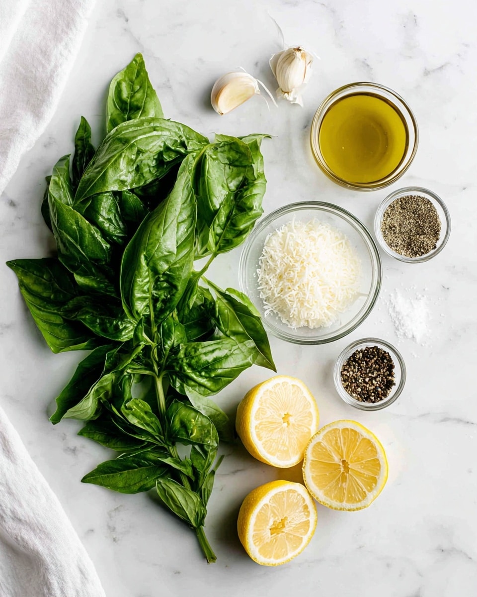 The image shows fresh green basil leaves laid out on the left side over a white marbled surface. On the right side, there are six items arranged vertically: two garlic cloves at the top, a small bowl of olive oil with a clear golden color, a small bowl of finely grated cheese with a soft white color and fluffy texture, a small bowl of black pepper with a coarse texture, a small bowl of white salt, and two halves of a bright yellow lemon showing the juicy segments. A white cloth is partially visible on the far left edge. Photo taken with an iphone --ar 4:5 --v 7