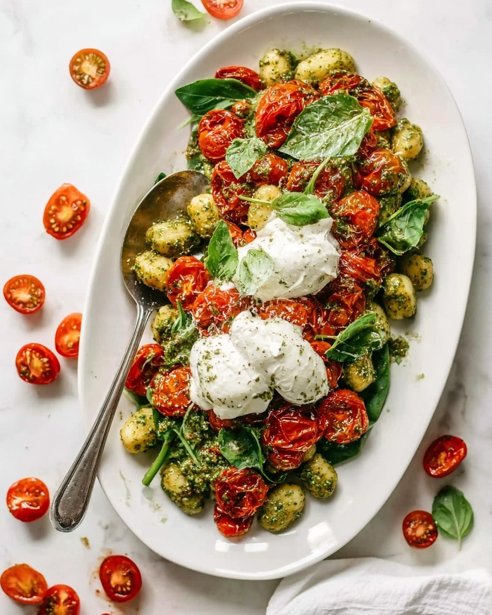 An oval white plate holds three layers of food arranged neatly on a white marbled surface. The bottom layer is fresh green spinach leaves, topped with a layer of small gnocchi coated in green pesto, giving them a textured, herb-covered look. On top of the gnocchi is a layer of roasted cherry tomatoes, showing a rich red color and slightly wrinkled skin. Two large scoops of white, creamy burrata cheese sit near the center of the dish. Fresh green basil leaves are scattered across all layers, adding a fresh touch. A silver spoon rests sideways on the left side of the plate. Around the plate, halved cherry tomatoes are casually placed on the marbled surface. Photo taken with an iphone --ar 4:5 --v 7