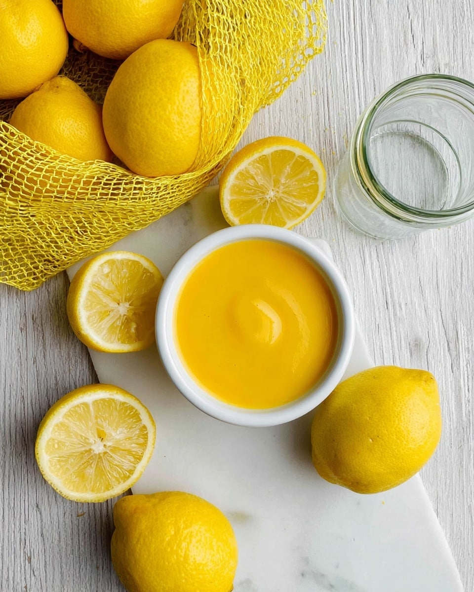 A small white bowl filled with smooth yellow lemon sauce is positioned in the center of a white marbled surface. Around the bowl, there are several bright yellow whole lemons, some inside a yellow net bag and some loose. Two lemons are halved, showing their juicy, pale yellow insides and seeds. An empty clear glass jar is placed at the top right corner of the image. The whole setup is bright and fresh, giving a clean and natural feel. photo taken with an iphone --ar 4:5 --v 7