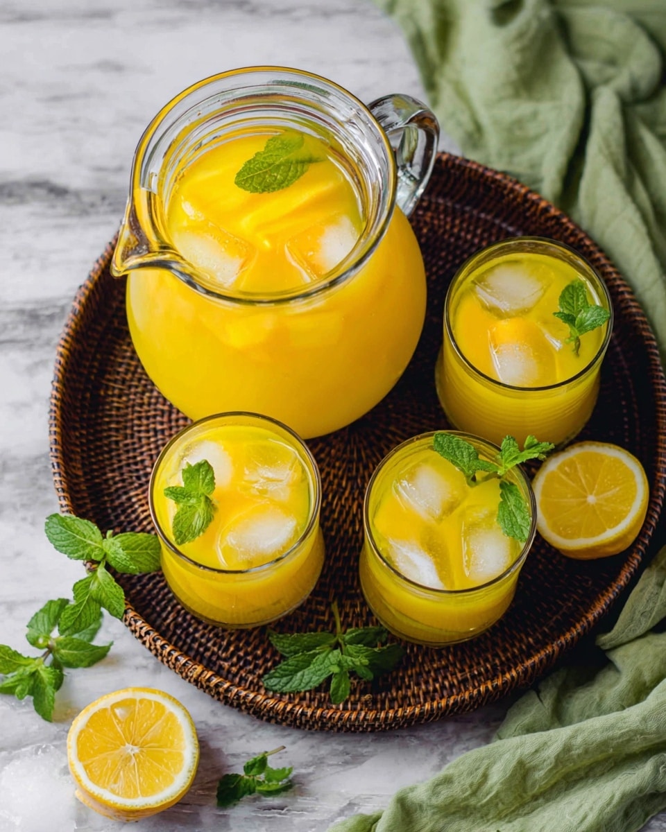 A large clear glass pitcher filled with bright yellow mango juice and ice cubes sits on a dark woven tray, surrounded by four clear glass mugs of the same mango juice. Each mug has ice cubes floating on top along with a few fresh green mint leaves. The tray also holds scattered fresh mint leaves and half a sliced lemon. A soft green cloth is draped casually near the pitcher, all set on a white marbled surface. photo taken with an iphone --ar 4:5 --v 7