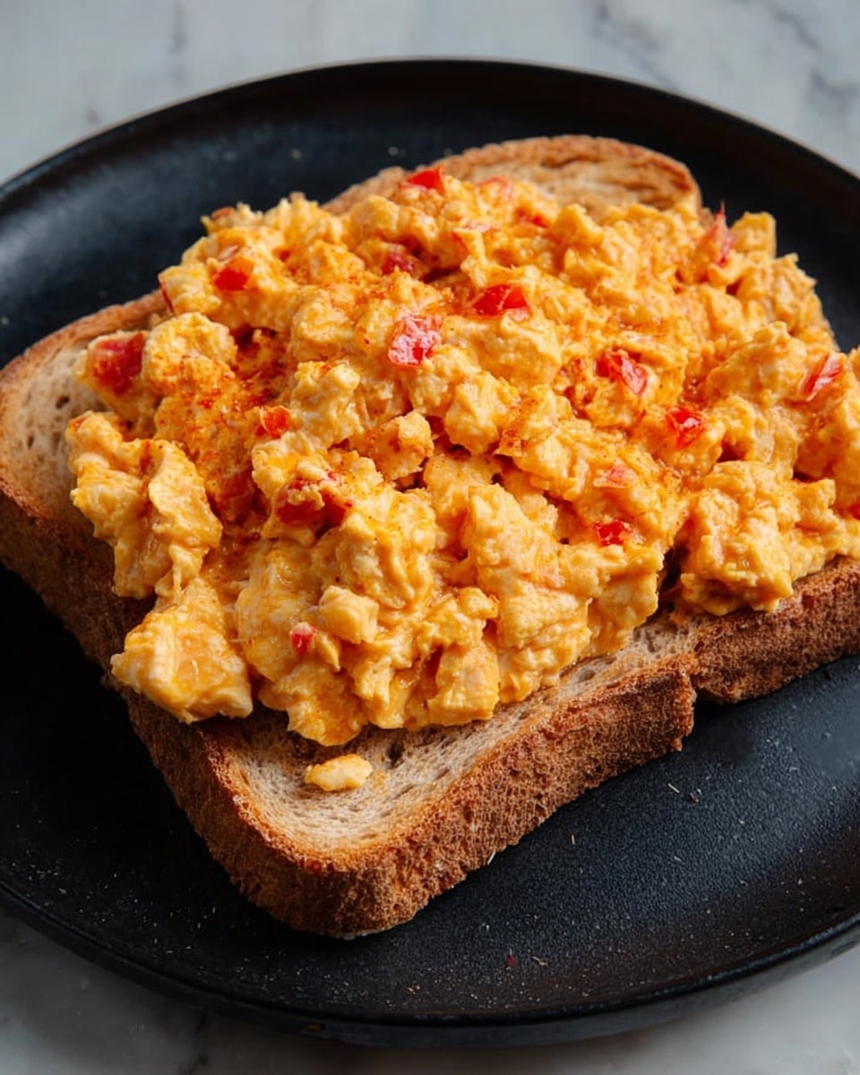A single slice of toasted brown bread forms the base layer, topped thickly with scrambled eggs mixed with small red pieces, possibly tomatoes or peppers, covering the entire surface. The toast sits on a black plate, which contrasts with the soft texture and warm orange-yellow color of the eggs. The background features a white marbled texture that enhances the warm tones of the food. photo taken with an iphone --ar 4:5 --v 7