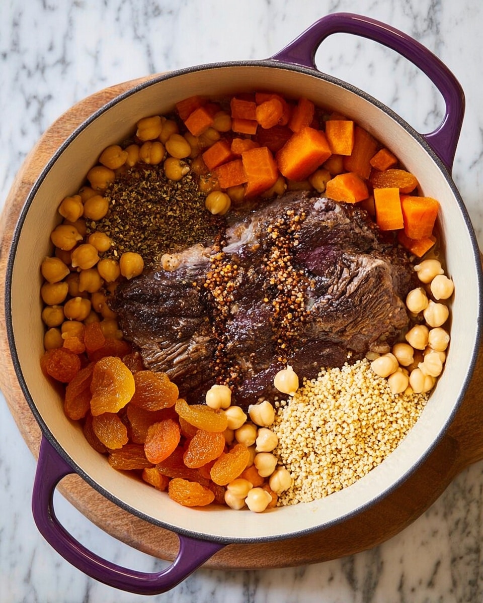 A large white pot with purple handles sits on a white marbled surface, filled with a dish layered from bottom to top. The base layer consists of orange carrot chunks and light yellow chickpeas scattered around evenly. On one side, there is a small mound of beige grains, likely bulgur or couscous. At the center lies a thick piece of dark brown cooked meat, slightly seared with visible salt and pepper seasoning. Around the meat, various brown spices are sprinkled creating small patches of different tones. Near the bottom, there are bright orange dried apricot pieces grouped together. The mix of colors and textures creates a warm, hearty appearance. Photo taken with an iphone --ar 4:5 --v 7