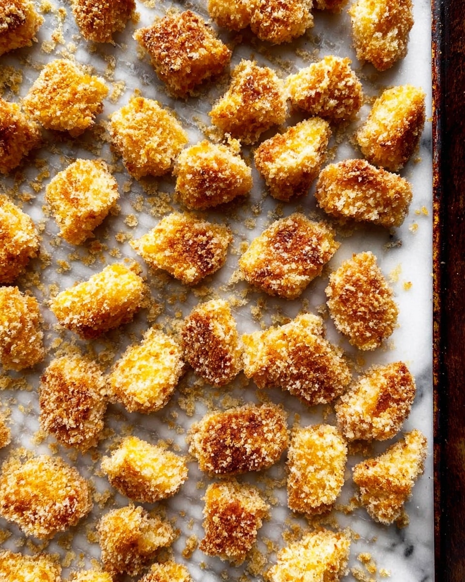 Many small, bite-sized pieces of golden brown food with a crumbly texture spread across a baking tray with a grid pattern. The pieces have a mix of light yellow and darker brown colors from being baked, showing a crunchy coating. The baking tray has some browned spots around the food, indicating cooking marks. The overall look is warm and crispy. The surface under the tray looks like white marble. photo taken with an iphone --ar 4:5 --v 7