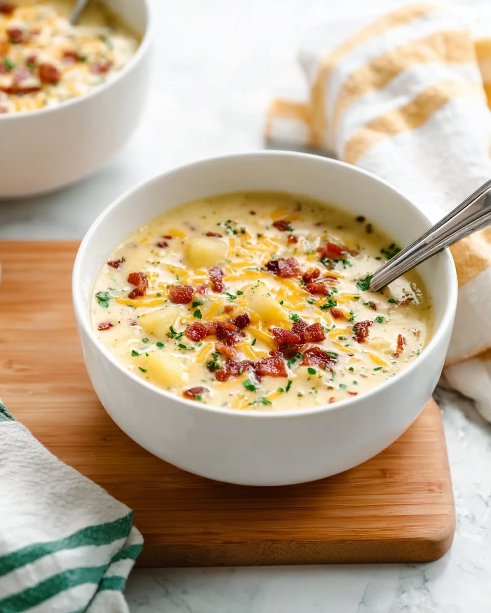 A white bowl filled with thick creamy soup that has three main layers: a smooth pale yellow base, chunks of light yellow potato pieces spread throughout, and bits of crispy brown bacon with small green herbs sprinkled on top. A silver spoon is inside the bowl on the left side, resting in the soup. The bowl is placed on a light wood cutting board, with a white marbled textured surface underneath. There is another white bowl of the same soup blurred in the background along with a yellow kitchen cloth and a white cloth with green stripes draped softly. photo taken with an iphone --ar 4:5 --v 7