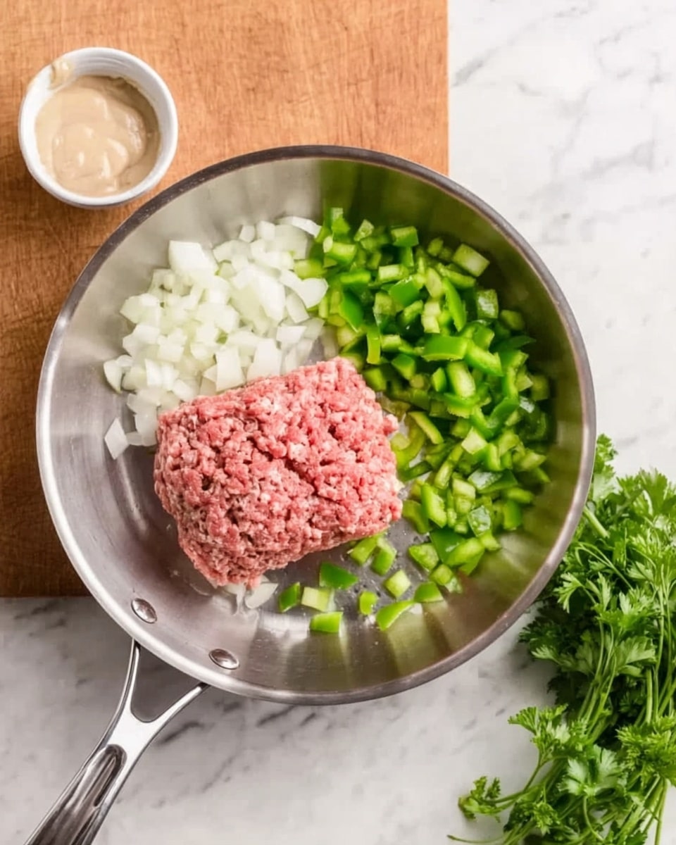 A silver pan sits on a white marbled surface. Inside the pan, there is one block of raw ground meat placed in the center. To the left of the meat, there are small white onion pieces, and to the right, chopped green bell peppers. Near the top left of the pan, a small white bowl holds a light beige sauce or paste. At the bottom right corner outside the pan, a small bunch of green parsley rests on the white marbled surface. photo taken with an iphone --ar 4:5 --v 7