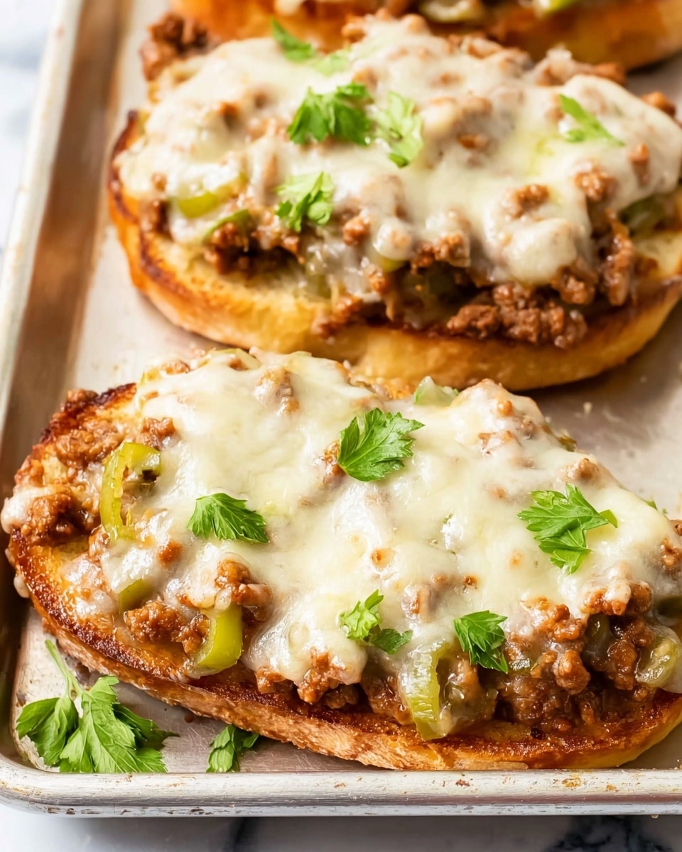 A close-up view of two open-faced sandwich halves on a metal tray, each with three main layers: a golden brown toasted bread base, topped with a thick layer of cooked ground meat mixed with small bits of green peppers, and a melting layer of browned white cheese covering the meat heavily. The cheese has a slightly crispy texture in places where it is browned, and fresh green parsley leaves are scattered on top for garnish. The tray sits on a white marbled surface. photo taken with an iphone --ar 4:5 --v 7