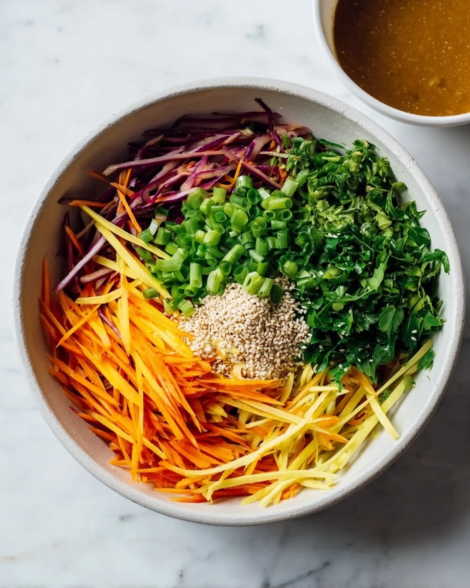 A white bowl on a white marbled surface holds a colorful mixture of thinly cut vegetable strips arranged in separate sections. The base layer consists of long orange, yellow, and purple root vegetable strips spread out evenly. On top, there are three distinct piles: finely chopped green onions, a heap of bright green leafy herbs, and a small mound of white sesame seeds mixed with some of the vegetable strips. To the side, a white bowl with a brown sauce is partially visible. Photo taken with an iphone --ar 4:5 --v 7