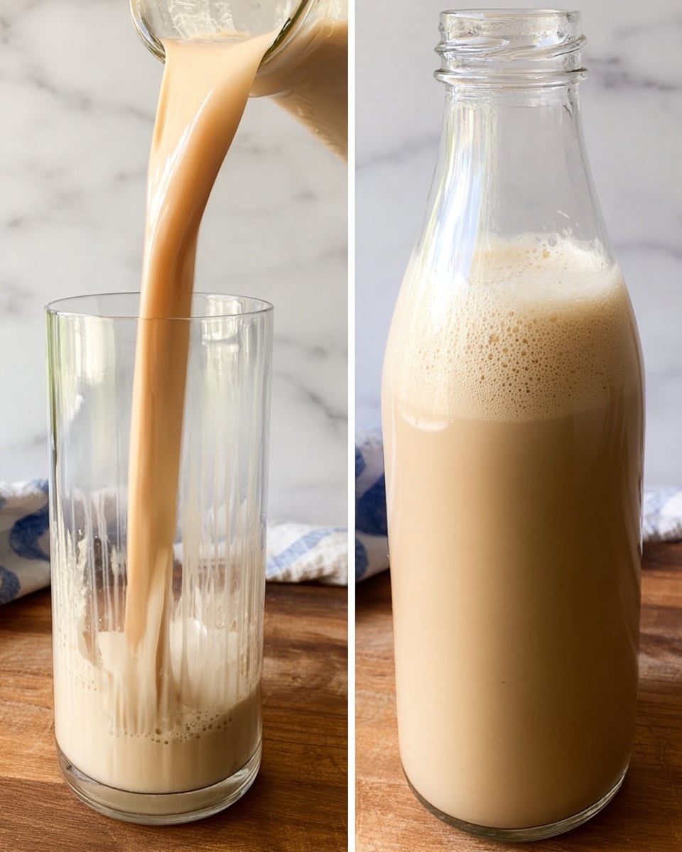 The image shows two close-up views of a tall, clear glass bottle filled with a light beige creamy liquid. On the left side, the liquid is being poured into the bottle, creating smooth vertical layers and a little foam at the bottom. On the right side, the bottle is filled almost to the top with the foamy, beige liquid visible near the bottle's neck. The bottle is placed on a wooden surface with a white marbled background partially visible. Photo taken with an iphone --ar 4:5 --v 7