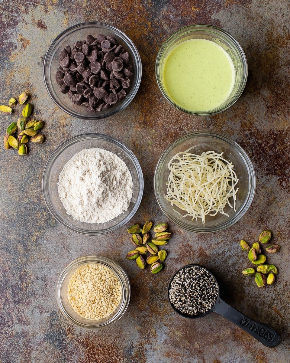 The image shows six containers of ingredients placed on a rough textured surface with scattered green pistachios around them. At the top left, a clear round bowl holds small, dark brown chocolate chips. Next to it on the right, a clear glass contains a light greenish-yellow liquid with a smooth texture. Below the chocolate chips, there is another clear round bowl filled with a fine white powder. To the right of this bowl, black measuring scoop overflows with tiny black and white seeds. At the bottom center, a clear round bowl contains thin, off-white noodle-like strands. Finally, at the bottom left, there is a small clear jar filled with small beige granules. photo taken with an iphone --ar 4:5 --v 7