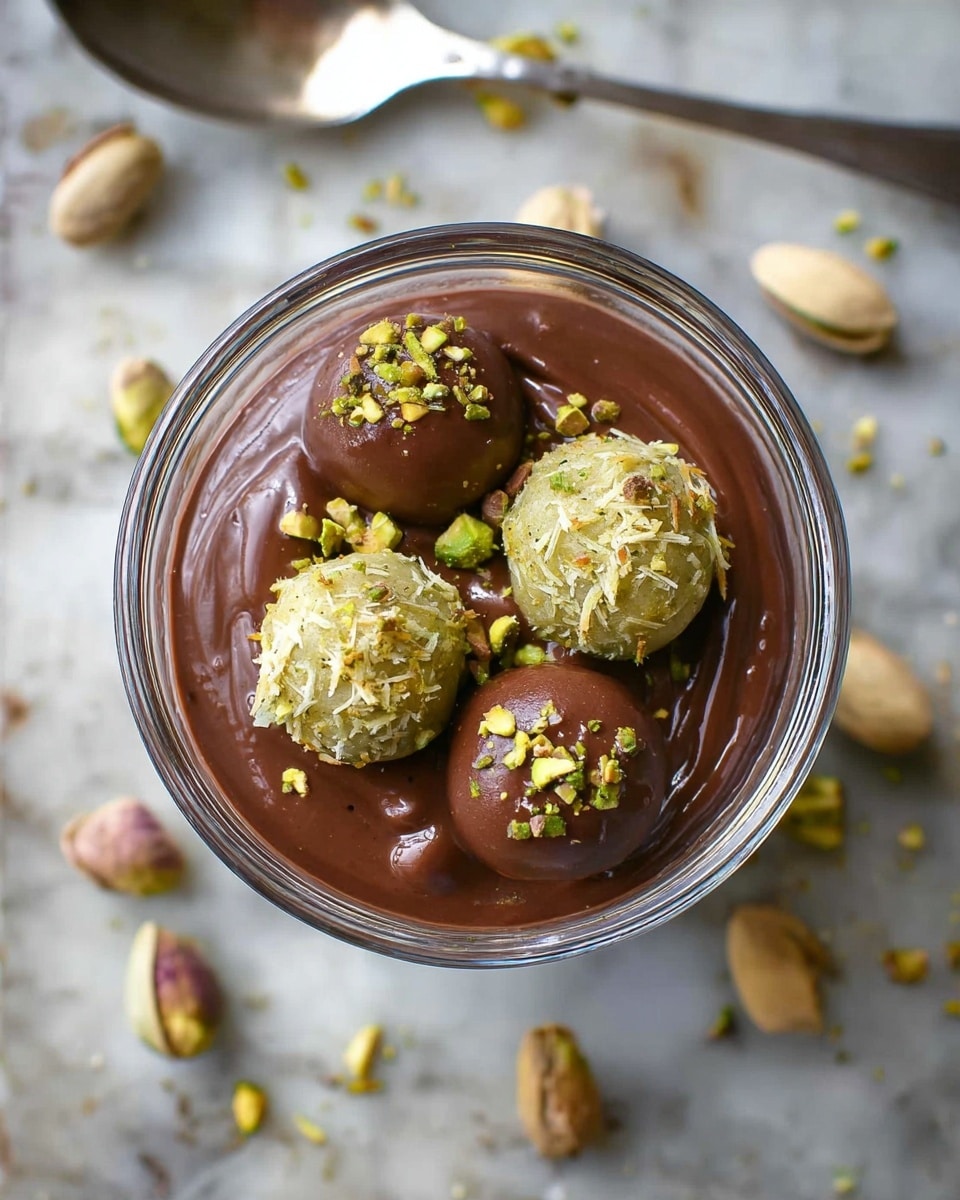 The image shows a clear glass bowl filled with a thick layer of smooth, dark brown chocolate sauce. On top of the chocolate layer are four small round balls, two covered in chocolate and two left plain with a greenish-beige color and sprinkled with tiny shredded pieces, possibly herbs or nuts. Small chopped green pistachio pieces are scattered on top of the chocolate and balls. The bowl is placed on a white marbled textured surface with some whole and chopped pistachios spread around. A silver spoon is visible in the upper left corner. photo taken with an iphone --ar 4:5 --v 7