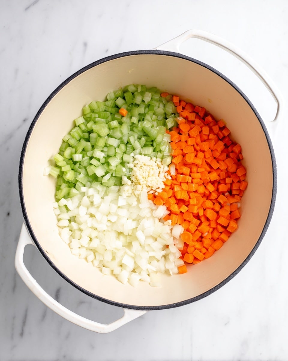 A white round pot shows four layers of chopped vegetables inside, arranged neatly in separate sections: bright orange carrots on the top right, pale green celery on the left, finely chopped white onions in the center, and a small pile of minced garlic near the onions. The pot has a smooth creamy interior with a black rim and white handles, all placed on a white marbled surface. Photo taken with an iphone --ar 4:5 --v 7