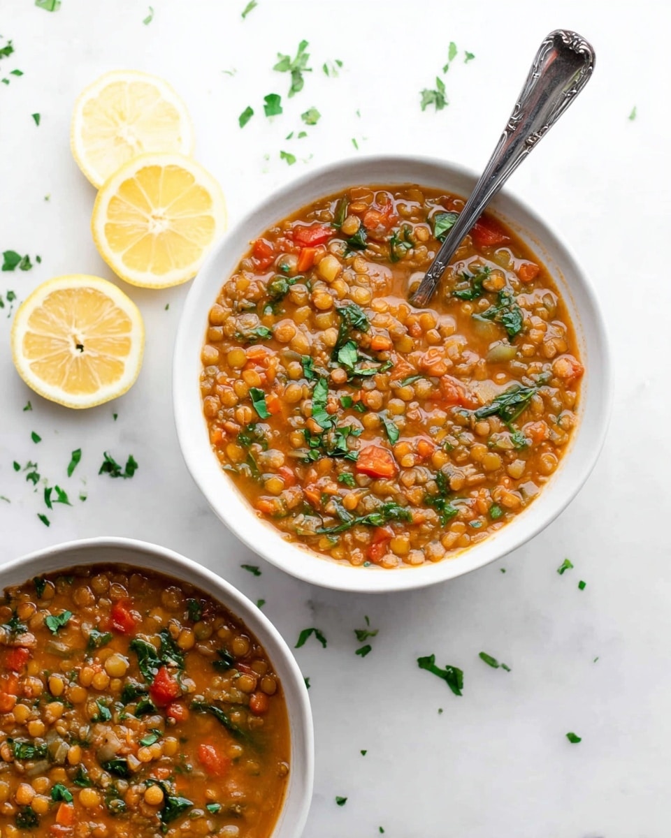 Two white bowls filled with thick, chunky lentil soup sit on a white marbled surface. The soup has a warm brownish-orange color with visible lentils, small pieces of red tomato, green spinach or herbs, and diced vegetables like carrots and onions, all mixed in a hearty broth. Fresh chopped parsley is sprinkled on top and around the bowls. One bowl has a shiny silver spoon resting inside. To the left of the bowls, two lemon halves lie on the surface. Photo taken with an iphone --ar 4:5 --v 7