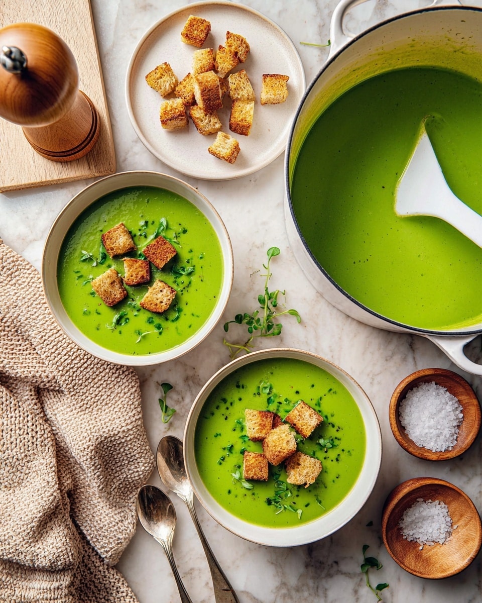 Two white bowls filled with bright green soup sit on a white marbled surface, each topped with seven golden brown croutons arranged in the center and small green herb leaves scattered around. The soup has a smooth and creamy texture. To the right, there is a white pot holding more green soup with a white ladle resting inside. A small white plate holds extra croutons above the bowls, and next to it is a small wooden bowl with coarse salt. A wooden pepper grinder stands on the left side, and a beige knitted cloth rests near the bottom left corner. The photo has soft, natural light and a cozy feel. photo taken with an iphone --ar 4:5 --v 7
