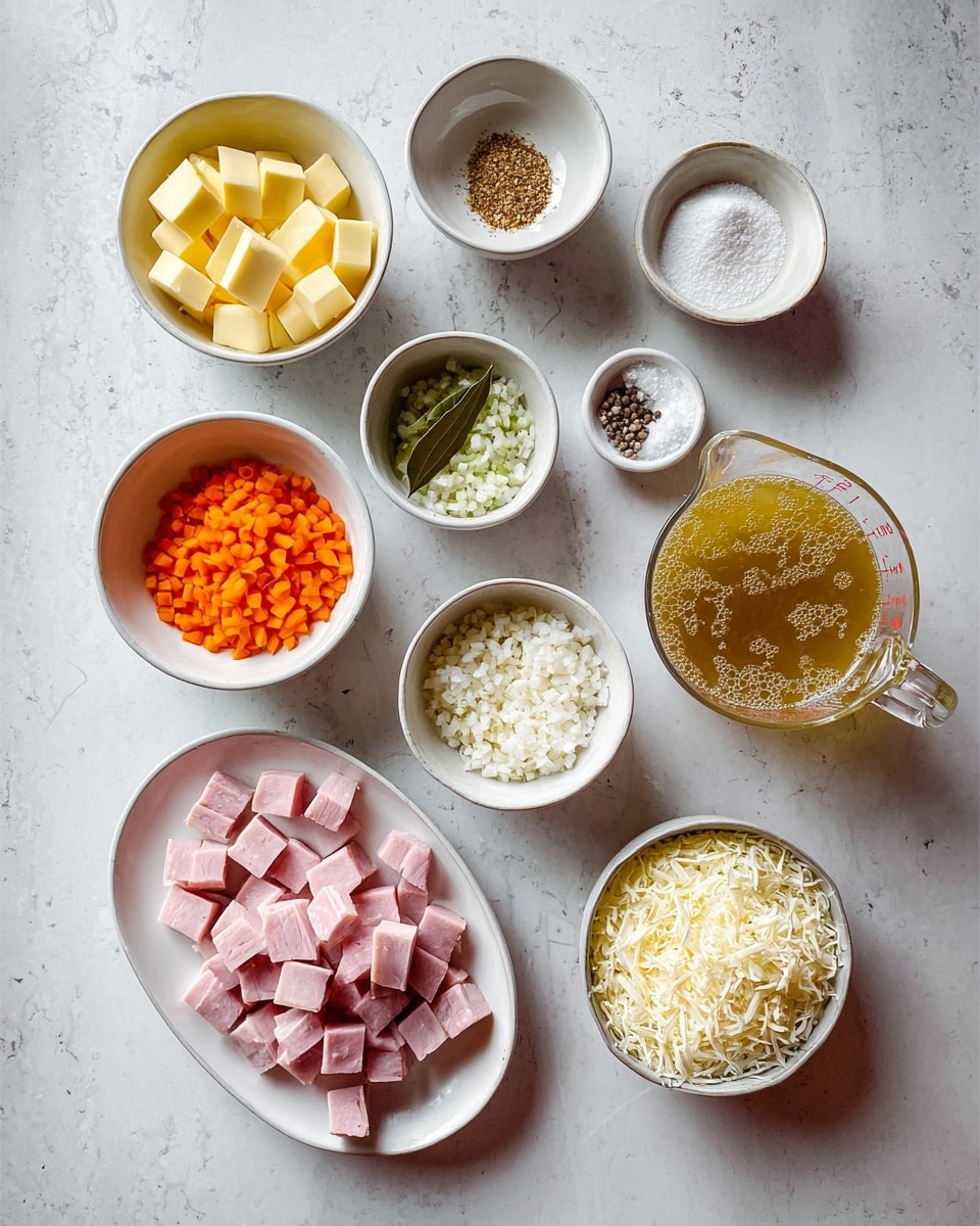 A collection of small white bowls and a clear measuring cup arranged on a white marbled surface, each filled with different cooking ingredients: one white bowl holds cubed yellow butter, another holds small whole cumin seeds, a third bowl contains finely chopped garlic with green herbs, and another has finely chopped onions. There is a small bowl with white salt, black pepper, and two bay leaves on top, a white bowl filled with diced orange carrots, a bowl with white flour, a bowl filled with shredded pale yellow cheese, and a bowl with more grated cheese or sauerkraut. On a white oval plate, there are neatly arranged cubes of pink ham, and a clear measuring jug contains golden broth with bubbles on the surface. Photo taken with an iphone --ar 4:5 --v 7