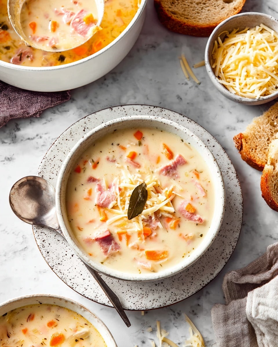 A white bowl filled with creamy soup that has small orange carrot pieces, pinkish chunks of ham, and a single bay leaf on top, garnished with shredded cheese in the center. The bowl sits on a white speckled plate with a silver spoon beside it on a white marbled surface. In the background, there is a white bowl with more soup and a ladle scooping up a mix of the same ingredients. To the side, there are slices of toasted brown bread and a small bowl of shredded cheese. Photo taken with an iphone --ar 4:5 --v 7
