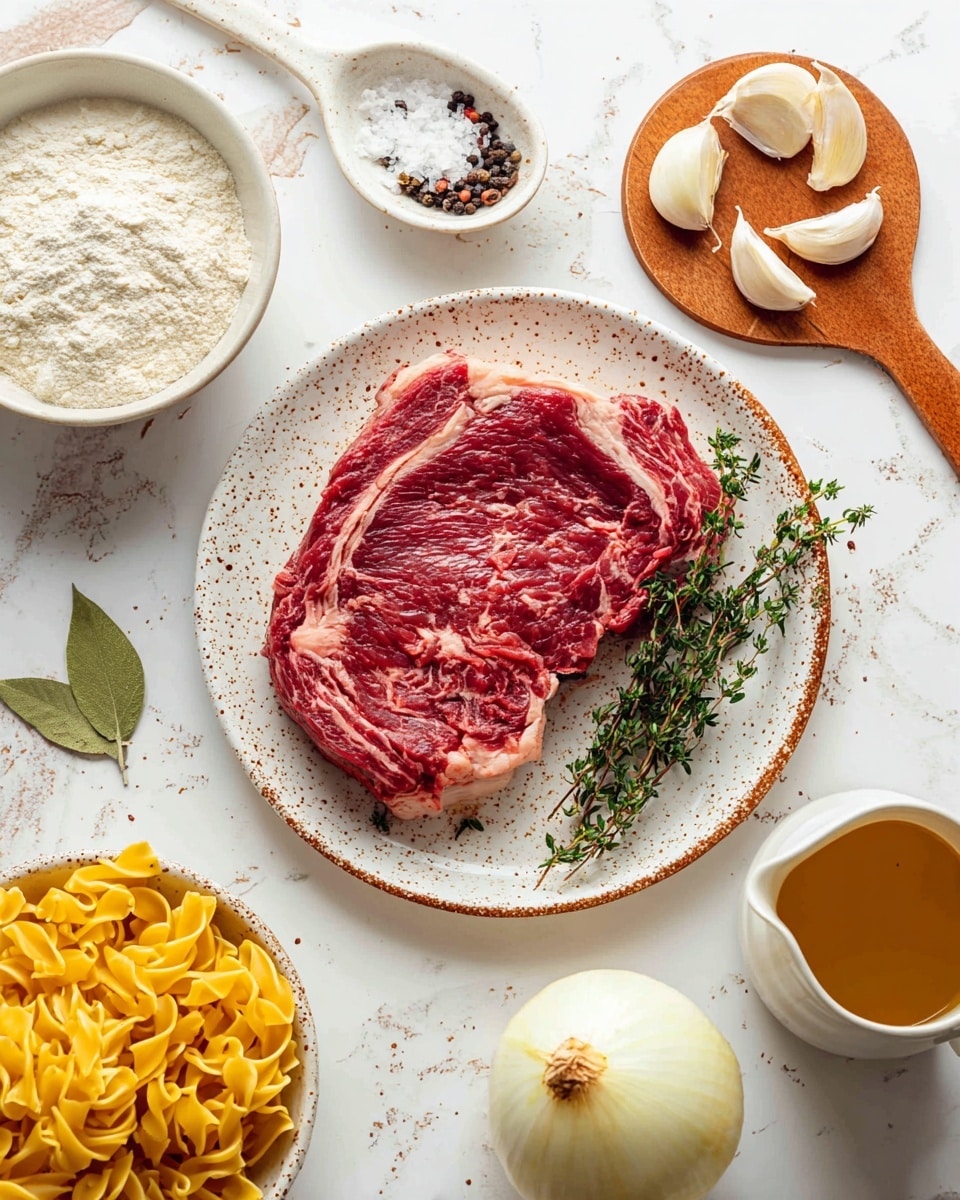 A large piece of raw red meat with white fat marbling lies in the center of a white plate with brown speckles, garnished with fresh green sprigs of thyme to the right side of the meat. Around the plate, there is a wooden spoon with coarse salt, a white spoon with black pepper, and a small round wooden board holding five peeled garlic cloves and a bay leaf. To the left, a white bowl filled with yellow egg noodles sits beside a speckled ceramic bowl of white flour. Above the plate, a small round white bowl with golden olive oil is visible, while a white jug with brown broth is placed at the bottom right. Half a white onion is shown to the right on a white marbled surface photo taken with an iphone --ar 4:5 --v 7