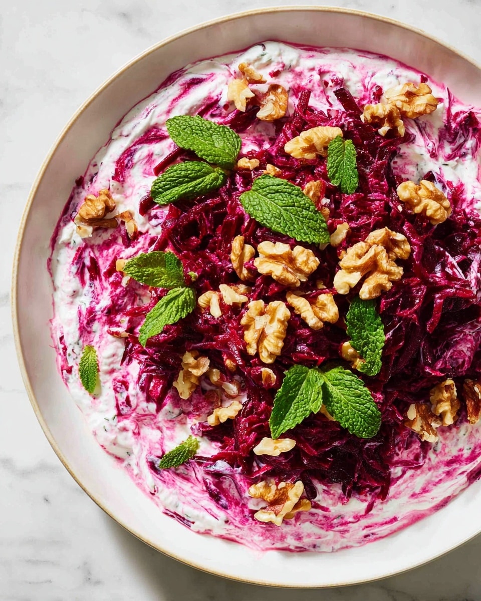 A white plate filled with shredded deep red beets forming the base layer, topped with a thick layer of creamy pinkish-white yogurt sauce mixed with beet juice that gives a swirled, marbled effect. Scattered on top are medium-sized pieces of light brown walnuts and bright green fresh mint leaves, adding texture and color contrast. The dish sits on a white marbled surface. photo taken with an iphone --ar 4:5 --v 7