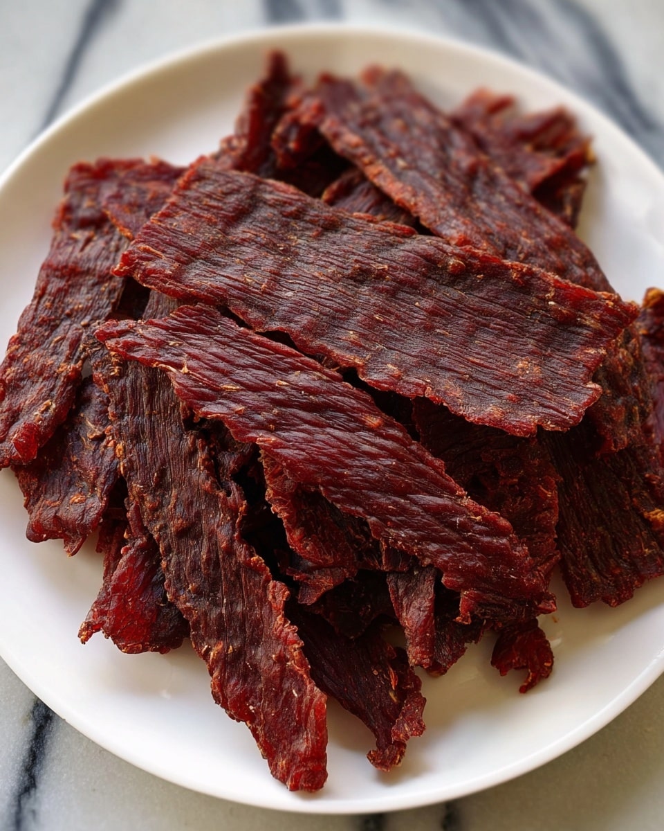 A white plate filled with many irregular pieces of dark reddish-brown dried meat stacked on top of each other. Some pieces are long and flat with textured lines running across them, showing a rough, dry surface. The meat pieces have a slightly shiny look and deep wrinkles. The plate sits on a white marbled surface. photo taken with an iphone --ar 4:5 --v 7