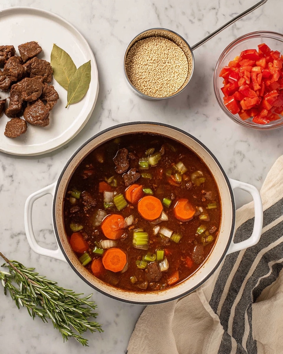 In the center, a white pot filled with a dark brown stew with visible slices of orange carrots, green celery pieces, and small white onion chunks simmering in liquid. To the left of the pot, there is a white plate with dark browned meat chunks. Above that, a metal measuring cup filled with uncooked light tan grains, and a small white plate holding green sprigs of rosemary and two bay leaves. To the right of the pot, a clear glass bowl filled with diced red tomatoes sits on a white marbled surface, with a beige and black striped cloth beside it photo taken with an iphone --ar 4:5 --v 7