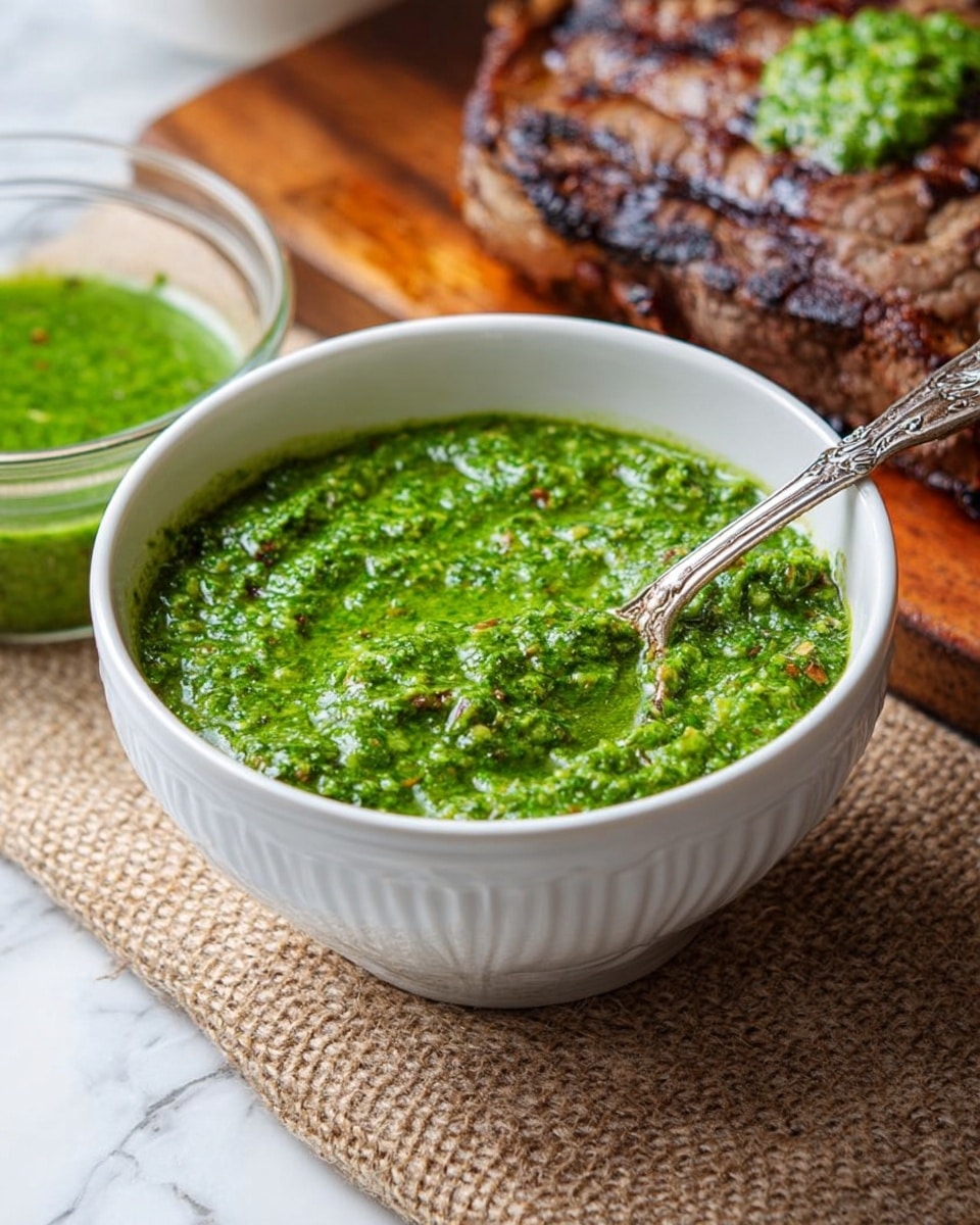 A white bowl filled with a bright green, textured pesto sauce, with small bits scattered inside giving it a rough look; the sauce covers most of the bowl and a silver spoon with a detailed handle is dipped into it on the right side. Behind the bowl, there is a visible brown grilled steak with some pesto sauce on top and a smaller glass bowl of the same green sauce near the steak. The setup is on a light brown woven cloth and a wooden board, all placed on a white marbled surface. photo taken with an iphone --ar 4:5 --v 7