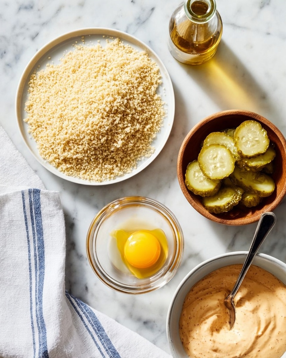 A white plate is filled with light beige breadcrumbs, showing a crumbly texture. Next to it, a small white bowl holds a raw egg with a bright yellow yolk and clear egg white around it. A glass bowl contains round, crinkled pickle slices, greenish-yellow in color, with a black spoon resting inside. Nearby, a wooden bowl is filled with a creamy orange sauce that has some small green herb bits, with a spoon inside. A glass bottle filled with a light golden liquid is placed on the right side. All items sit on a white marbled surface with a white cloth featuring blue stripes. Photo taken with an iphone --ar 4:5 --v 7