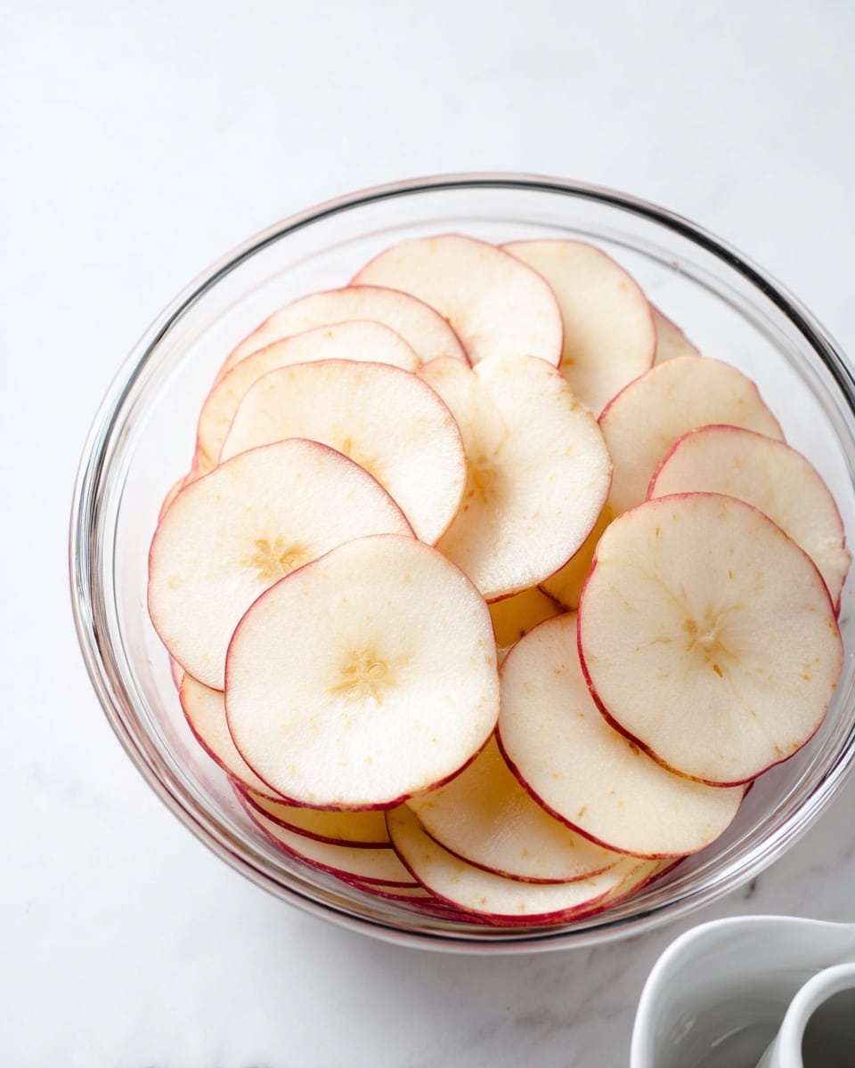 A clear glass bowl filled with two layers of thin apple slices, each slice showing a pale cream color with a light red edge, arranged in a slightly overlapping circular pattern that fills the bowl evenly. The bowl sits on a white marbled surface with a small white ceramic cup partially visible at the bottom right corner. The bright lighting highlights the smooth texture and slight shine on the apple slices, giving a fresh and clean look photo taken with an iphone --ar 4:5 --v 7