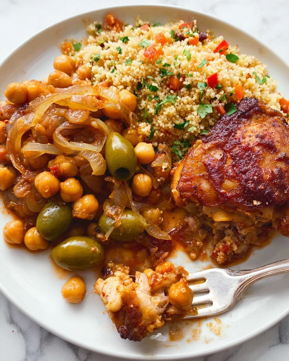 A white plate holds a colorful meal with three main parts: a pile of golden-brown cooked chickpeas mixed with translucent sautéed onions and a few green olives in a thin reddish sauce sits on the left and bottom edges; next to it is a golden, crispy cooked chicken piece with a rich browned skin in the center-right; above the chicken and chickpeas is a large portion of light beige couscous mixed with small diced red and orange vegetables and green herbs scattered on top. A silver fork with a piece of chicken and chickpeas on it rests on the bottom right of the plate, all set on a white marbled surface. Photo taken with an iphone --ar 4:5 --v 7