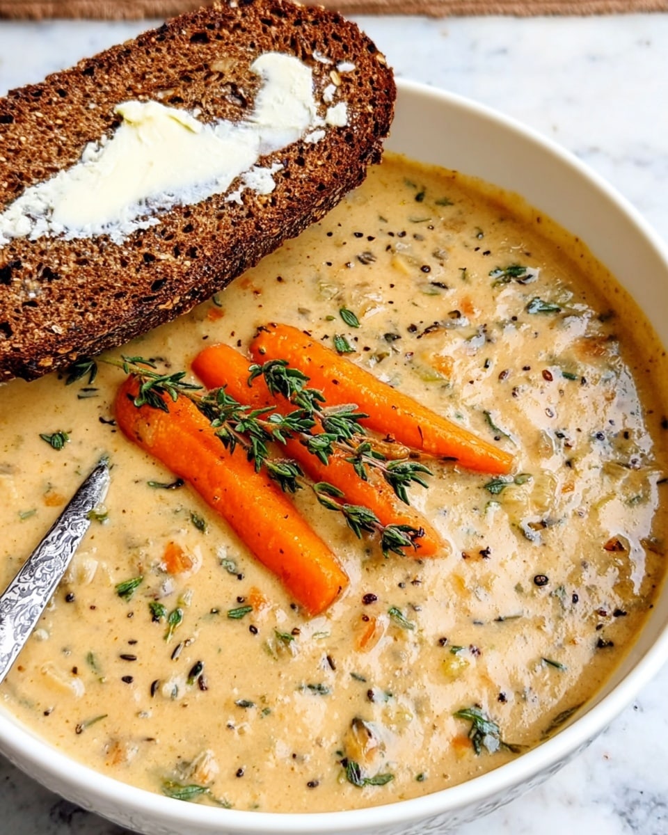 A white bowl filled with a creamy, thick beige soup with visible small green herb bits and specks of black seasoning. In the middle of the soup are bright orange carrot sticks stacked on each other and topped with fresh green thyme sprigs. A silver spoon rests on the left inside edge of the bowl, partially submerged in the soup. A slice of brown multigrain bread with white butter spread on top leans on the edge of the bowl. The bowl is placed on a white marbled surface. photo taken with an iphone --ar 4:5 --v 7