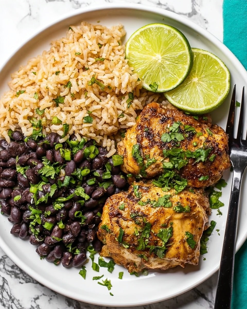 The image shows a white plate with three main layers of food arranged side by side: on the left is a fluffy bed of light brown rice mixed with small bits of green onion, next to it at the top are dark black beans topped with more chopped green onion, and on the right are two pieces of cooked golden-brown chicken thighs sprinkled with fresh chopped cilantro. Two lime wedges are placed at the top right and bottom left edges of the chicken, adding bright green color. The plate is set on a white marbled surface with a black fork visible on the right side. Photo taken with an iphone --ar 4:5 --v 7