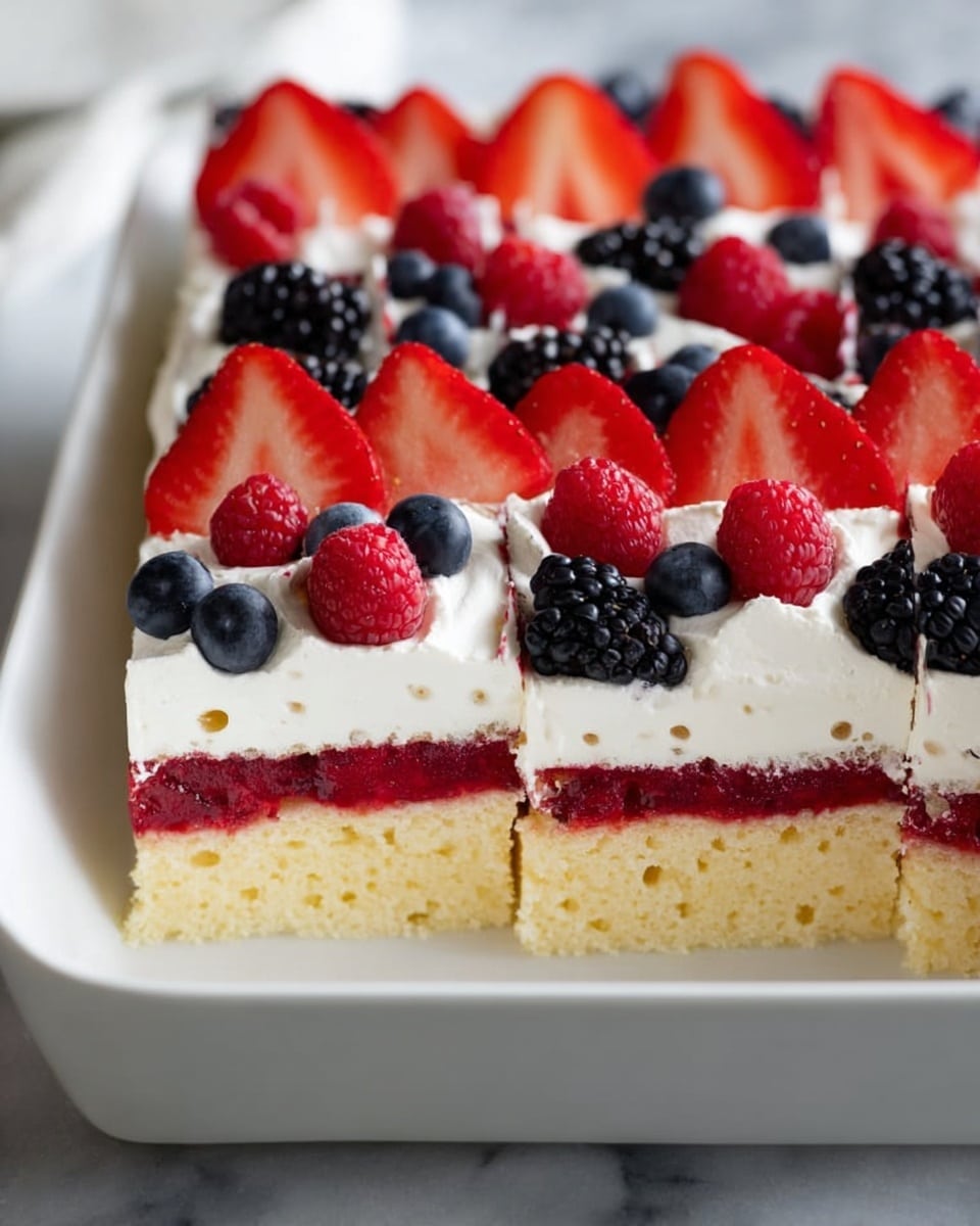 The image shows a white square dish with a dessert made of three main layers. The bottom layer is a light yellow soft cake with small holes. The middle layer is a red fruit layer, evenly spread across the cake. The top layer is a thick white cream layer, decorated with four neat rows of fresh berries arranged from back to front: sliced red strawberries, whole blackberries, whole red raspberries, and whole blueberries on the front edge. The dessert is cut into squares, and the white marbled surface can be seen underneath. Photo taken with an iphone --ar 4:5 --v 7