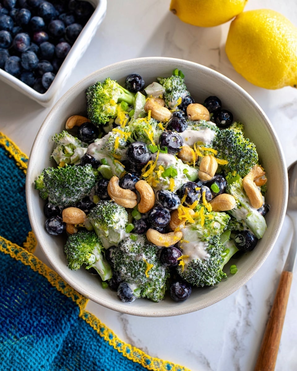 A white bowl filled with a colorful salad sits on a white marbled surface. The salad has three main layers: the first layer is fresh green broccoli florets, chunky and vibrant, spread all over the bowl; the second layer features dark blue, plump blueberries scattered on top and inside the salad; the third layer consists of light brown cashew nuts sprinkled among the broccoli and blueberries. The salad is lightly coated with a creamy white dressing with small black seeds, spread evenly on the broccoli and blueberries. Bright yellow lemon zest and small green spring onion slices are scattered on top, adding more pops of color. In the background, part of a white square bowl with blueberries and two whole lemons are visible. A piece of blue cloth with yellow trim is partially shown at the bottom left corner. photo taken with an iphone --ar 4:5 --v 7