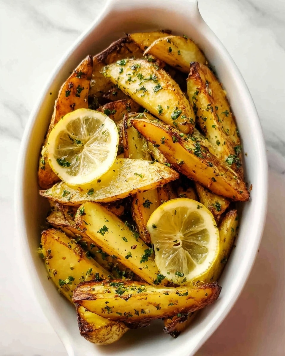 The image shows a white oval dish filled with cooked potato wedges. The wedges are golden brown with some darker grill marks, sprinkled with green herbs. Scattered lemon wedges are placed on top and between the potato pieces, adding a fresh yellow contrast. The dish sits on a white marbled surface. Photo taken with an iphone --ar 4:5 --v 7