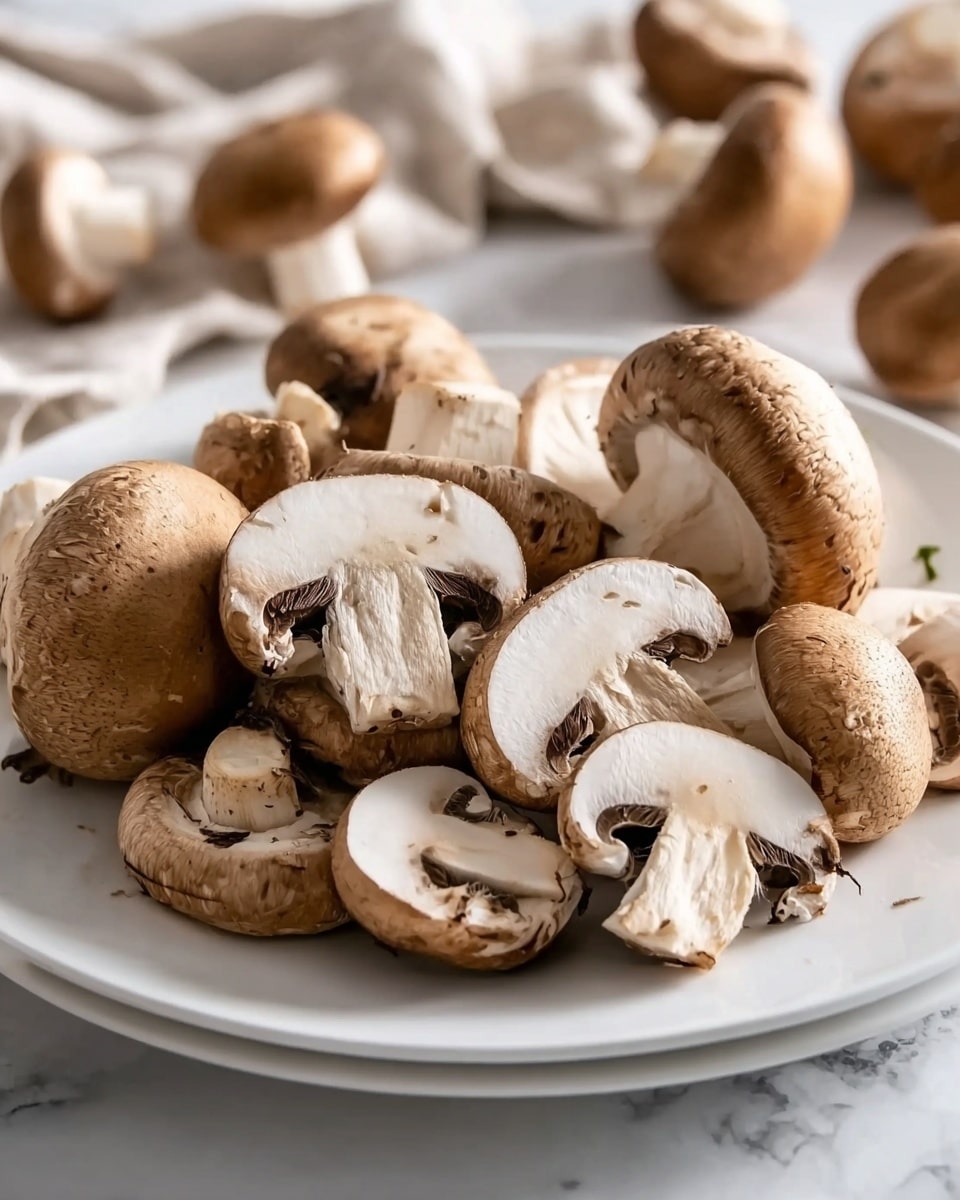 The image shows a white plate full of whole and sliced brown mushrooms arranged randomly. The mushrooms have a light brown cap with a slightly rough texture, white stems, and some visible dark brown gills inside the sliced ones. The plate sits on a white marbled surface, with extra mushrooms slightly blurred in the background. The lighting is soft and natural, enhancing the earthy tones of the mushrooms. photo taken with an iphone --ar 4:5 --v 7