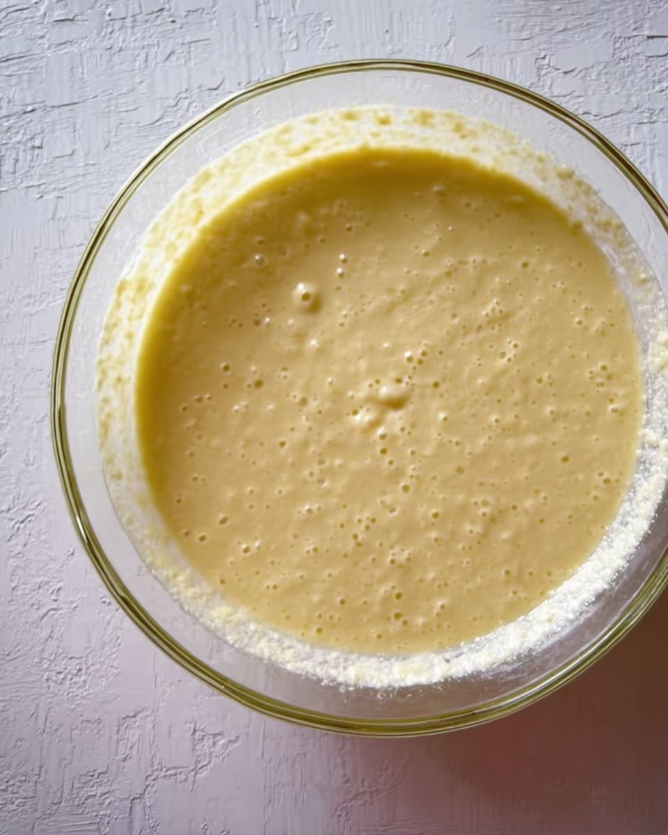 The image shows a clear glass bowl with a smooth, pale yellow batter inside. The batter has small bubbles and a slightly thick texture, filling most of the bowl. The bowl sits on a white marbled surface, with some batter residue visible on the inner sides, creating a ring-like pattern. The scene is simple and focused on the batter mixture. photo taken with an iphone --ar 4:5 --v 7