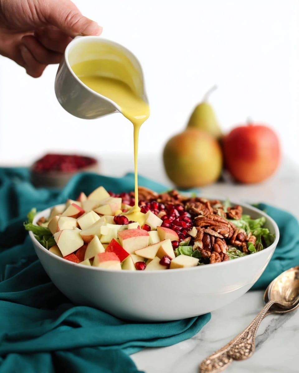 A white bowl filled with a layered salad sits on a white marbled surface with a teal cloth beside it. The salad has cubed green and red apple pieces on one side, toasted pecans piled in the center on top of green leafy vegetables, and scattered pomegranate seeds adding a small pop of red. A woman's hand pours a thick yellow dressing over the salad from a small white cup, with the dressing dripping down smoothly over the pecans and apples. In the blurred background, there are two pears and one apple. A spoon with an ornate handle rests on the right side near the bowl. Photo taken with an iphone --ar 4:5 --v 7