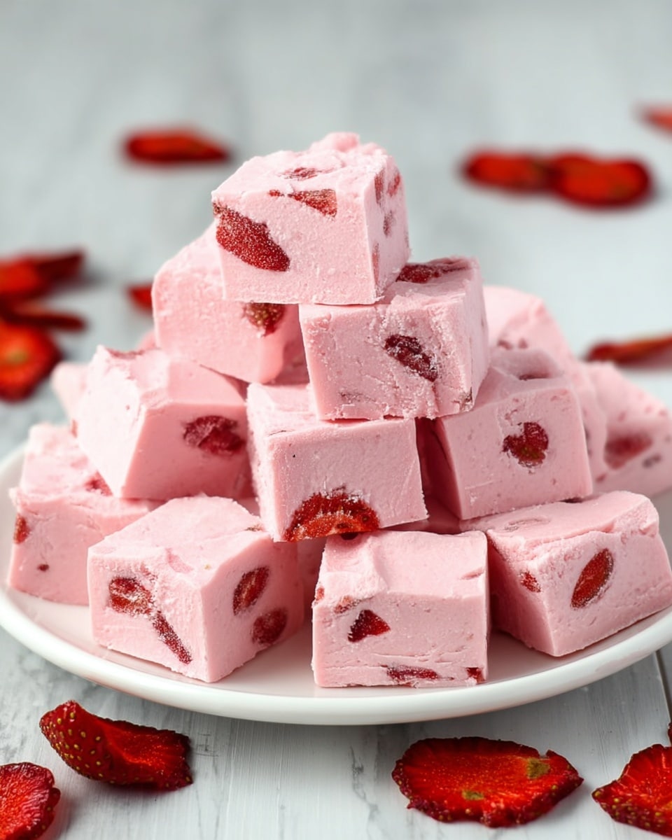 A pile of pink fudge squares stacked on a white plate, each square showing smooth, creamy texture with embedded dried strawberry pieces that add red patches inside the pink fudge. The fudge pieces are arranged in a loose pyramid shape, with some pieces resting on the plate around the base. Scattered dried strawberry slices surround the plate on a white marbled surface, adding a contrasting red color to the soft pink fudge. photo taken with an iphone --ar 4:5 --v 7