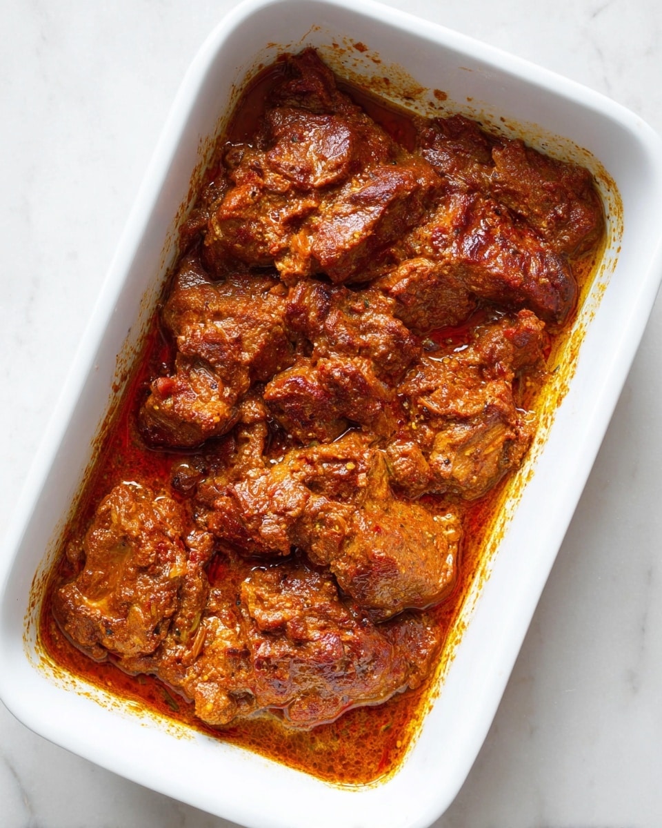 The image shows a white rectangular baking dish filled with several pieces of cooked meat covered in a rich, reddish-brown sauce. The meat pieces are layered closely together, with the sauce giving them a glossy, slightly oily texture. The sauce clings thickly to the meat and pools slightly around the edges of the dish. The background is a smooth white marbled surface, making the warm colors of the dish stand out clearly. photo taken with an iphone --ar 4:5 --v 7