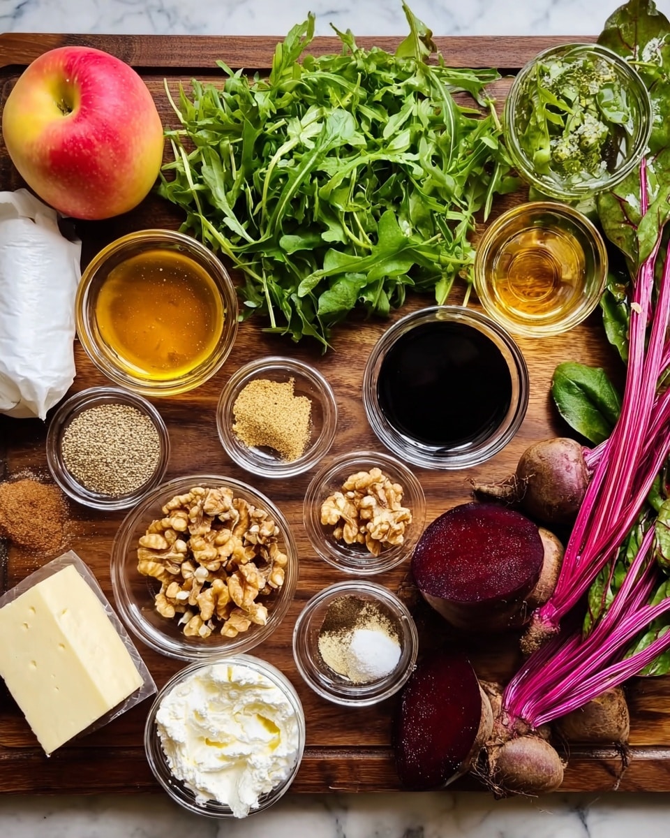 A wooden board holds many small clear glass bowls and fresh ingredients spread around. There are fresh deep-purple beets with green and red stems on the right side, a pile of bright green arugula leaves on the top center, and a whole red and yellow apple on the left side. Among the glass bowls, one contains soft white cheese, another has golden honey, a few have brown sugar, a dark balsamic liquid, pale grainy mustard, spices like ground cinnamon, salt, black pepper, and walnuts. A stick of butter wrapped in white paper is placed on the left side near all these items, all set on a white marbled surface. photo taken with an iphone --ar 4:5 --v 7