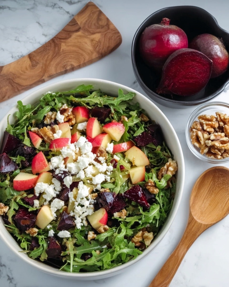 A white bowl filled with a fresh salad showing three layers: the bottom layer is dark green leafy arugula, the middle layer has chunks of red apple and dark red beet pieces, and scattered white cheese crumbles sit on the top. To the right of the bowl, there is a small black bowl holding two whole cooked beets and a small clear glass bowl filled with walnut pieces. A wooden salad utensil partially appears on the bottom right over a white marbled surface photo taken with an iphone --ar 4:5 --v 7