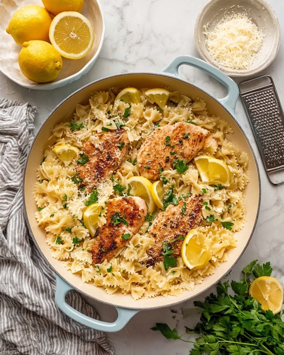 A large white pan filled with three brownish, lightly grilled fillets sitting on top of a bed of pale yellow farfalle pasta. The pasta is mixed with small, fresh green parsley leaves scattered throughout. There are several lemon wedges placed on and around the fillets, adding a bright yellow accent. The pan has two handles and rests on a white marbled surface. Nearby, a white bowl contains grated cheese, and a lemon along with a bunch of green parsley is on a small plate. A striped cloth and a grater with some lemon zest remain on the surface. The whole scene has a warm, fresh, and inviting look, photo taken with an iphone --ar 4:5 --v 7